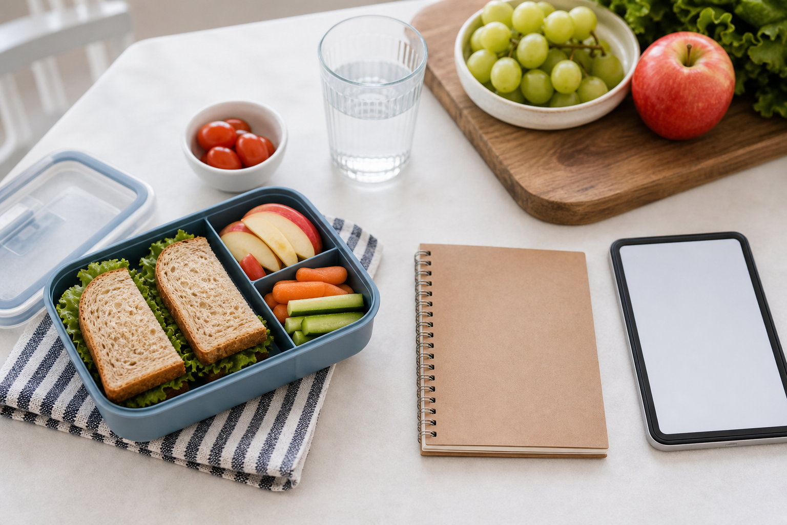 Lunchbox, fruit, notebook, and blank tablet prepared for school lunch planning.